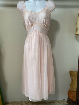 Vtg Women’s Penneys Adonna Pink Lingerie Nightgown Lace Nylon Sheer See Through