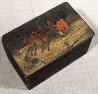 Antique 1865 Russian Vishnyakov Paper Mache Lacquer Box Winter Troika Horses