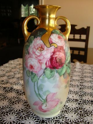 Antique Rosenthal Bavaria Vase,  Hand Painted Roses & Gold,  10 7/8 ",