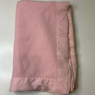 Vintage Baby Blanket Acrylic Color Pink With Nylon Satin Trim 39x30 Nursery