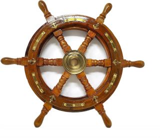 Nautical Maritime Wooden Ship Wheel 18 Inch With Brass Anchor Premium Decor Item