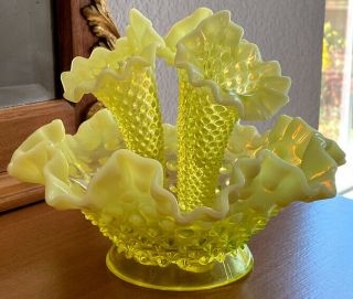 Antique Fenton Vaseline Hobnail Opalescent Fine Art Glass Flower Epergne Set
