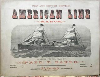 American Line March Antique 1880 Sheet Music Great Cover Of Clipper Sailing Ship