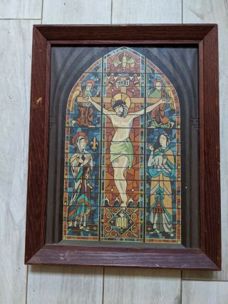 Vintage Pbn Paint By Number Framed Jesus On The Cross Chuch Stained Glass