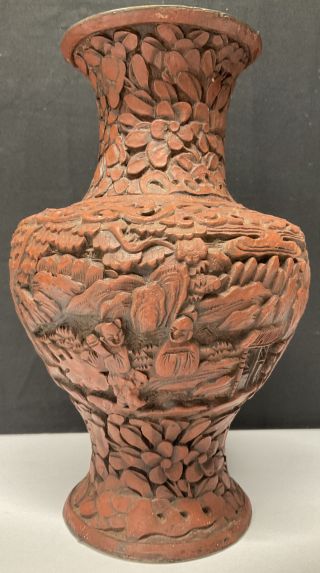 An Antique Chinese Cinnabar Carved Lacquerware Vase Lacquer China Vintage 6.  25”
