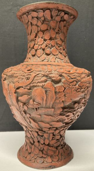 An Antique Chinese Cinnabar Carved Lacquerware Vase Lacquer China Vintage 6.  25” 3