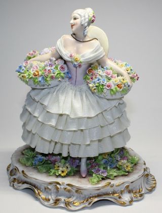 Luigi Fabris Dresden Lace Lady Figurine With Flower Baskets
