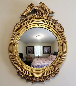 Vintage Federal Eagle Convex Round Bullseye Wall Mirror Gilt Wood Frame 33 X 24 "