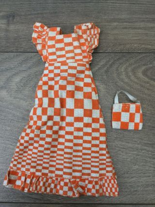 Vintage Sindy Doll Long Orange & Silver Checkmate Lounger Dress & Bag