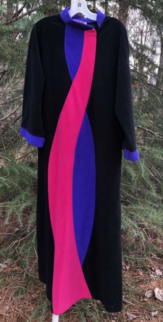 Vtg Vanity Fair Sz M Black Pink Purple Half Zip Wave Velour Robe Housecoat Gown