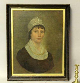 A Very Fine 19th C American Oil/canvas Portrait Of A Young Woman In Brown Dress