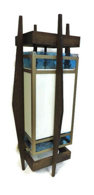 White / Blue Stained Glass Wood Chandelier Mid Century Modern Style 34 X 13 X 13