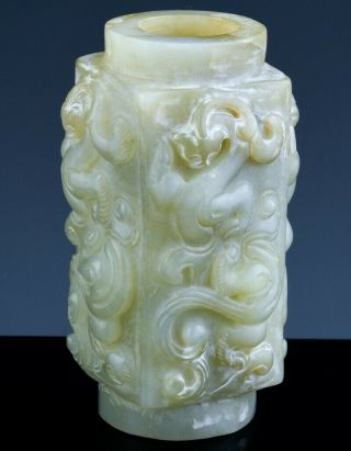 Finely Carved Large Chinese Celadon Jade Qilin Dragon Cong Vase Bead Pendant