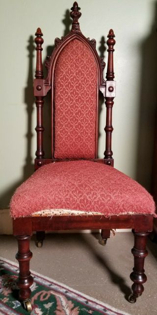 Antique Victorian Carved Mahogany Gothic Revival Hall / Slipper / Side Chair