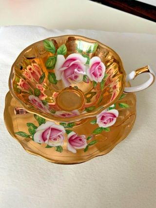 Vintage Queen Anne Bone China Pink Floating Roses Heavy Gold Gilt Teacup & Sauce