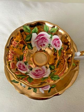 Vintage Queen Anne Bone China Pink Floating Roses Heavy Gold Gilt Teacup & Sauce 2
