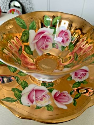 Vintage Queen Anne Bone China Pink Floating Roses Heavy Gold Gilt Teacup & Sauce 3