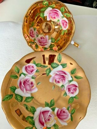 Vintage Queen Anne Bone China Pink Floating Roses Heavy Gold Gilt Teacup & Sauce 4