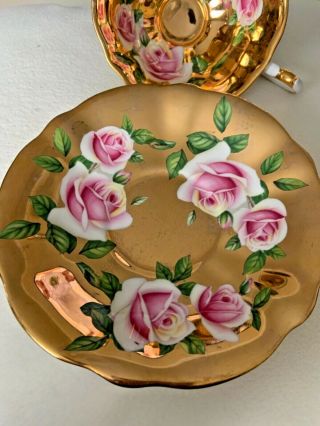 Vintage Queen Anne Bone China Pink Floating Roses Heavy Gold Gilt Teacup & Sauce 5