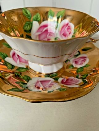 Vintage Queen Anne Bone China Pink Floating Roses Heavy Gold Gilt Teacup & Sauce 6
