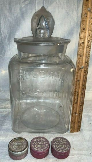 Antique Colgans Taffy Tolu Candy Display Jar 3 Gum Tins Country Store Apothecary