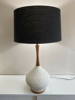 Vtg Mid Century Danish Modern White Textured Lamp Teak Neck/base