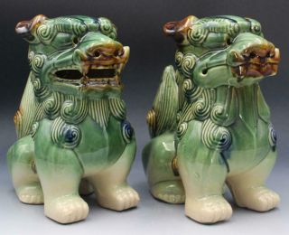 Vintage Pair Large Chinese Porcelain Foo Dog Statues Figurines Green Glaze