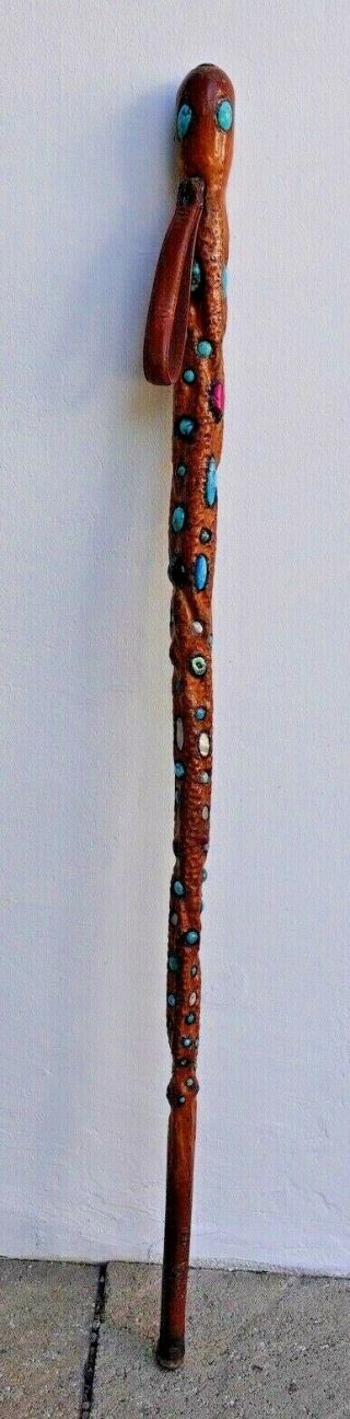 Vintage Hand Carved Primitive Wood Walking Stick Cane Folk Art Jewels 36 " L