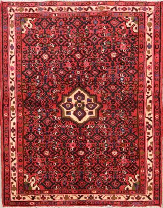 Vintage Geometric Hamedan Hand - Knotted Area Rug Wool Oriental Red Carpet 4x5 Ft