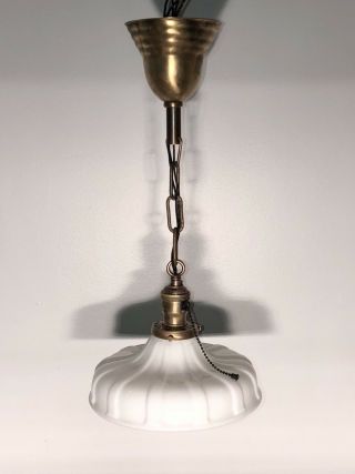 19.  5” Long Brass Antique Pendant Light Fixture With Milk White Shade 59c
