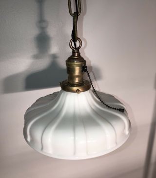 19.  5” Long Brass Antique Pendant Light Fixture With Milk White Shade 59C 2