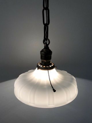 19.  5” Long Brass Antique Pendant Light Fixture With Milk White Shade 59C 3