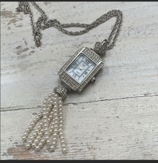 Quartz Japan Movement Pearl Jeweled Silver Pendant Watch Vintage Unique 36”