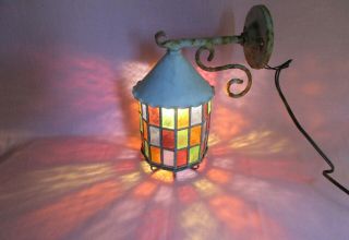 Antique Slag Art Glass Metal Porch Sconce Lantern Light Fixture Multi Color