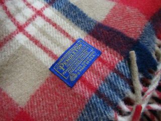 Vintage Pendleton Wool Throw Red Blue Plaid Fringe Usa Made Stadium Blanket