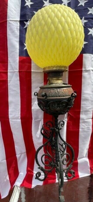 Antique Bradley & Hubbard Converted Oil Table Lamp Yellow Glass Shade