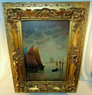 Antique Venetian Harbor Italian Oil On Canvas Painting Signed Briganti Roma O/c