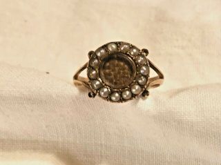 Antique 10k Gold Seed Pearl Mourning Ring With Braided Hair Under Beveled Glass