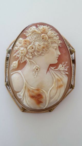 Large Antique Victorian 14k Gold Hand - Carved Cameo Pin Pendant Goddess Flora
