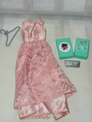 Vintage Barbie Clone Hm Pink Satin Lace Long Dress Gown,  Purse Glass Heels