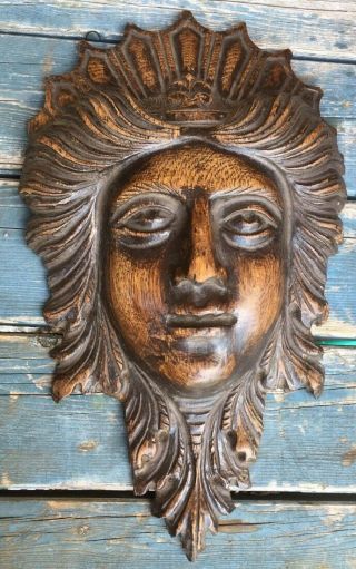Very Good Antique Carved Oak Architectural Decoration Stylized Face,  Patina