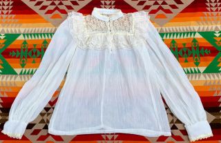 Vintage Gunne Sax White Sheer Cotton Lace Puff Sleeve Cottage Praire Shirt Top