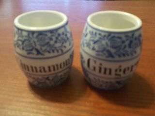 Vintage Spice Jars (2) Blue Onion,  Cinnamon And Ginger Blue & White