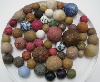 56 Antique Clay Marbles,  Multi Color & Size,  Purple Bennington,  Indigo Blue,  Nr