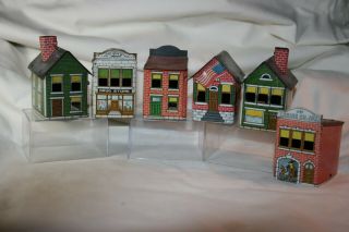 6 Antique West Bros Candy Containers Tin Litho Village Houses Garage School,