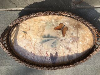 Antique Wicker & Wood Oval Tray With Butterflies