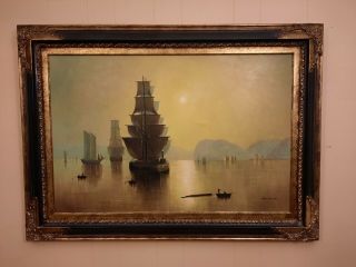 Vintage Oil Painting Seascape With Ships Signed Frame