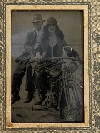 Antique Tintype Authentic Photo Well Dressed Couple Sitting On Motorcycle