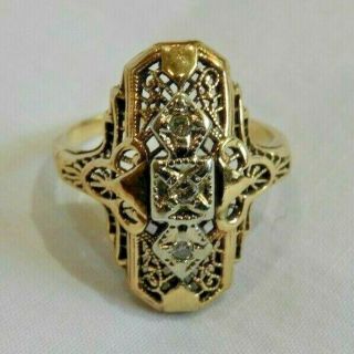 Antique 14k White & Yellow Gold Filigree Ring With 3 Diamonds Size 6.  75