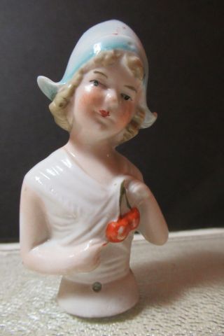 Vintage German Half Doll Pincushion Doll Dutch Holding Cherries 3 " Porcelain